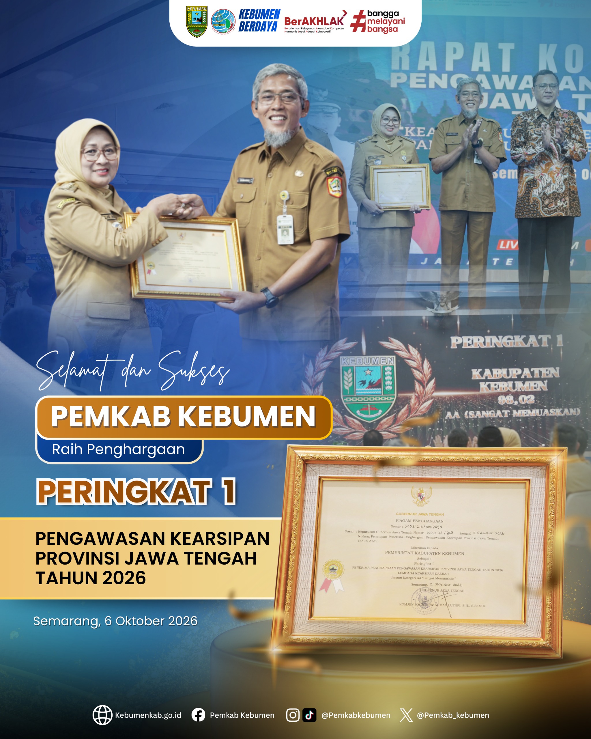 Puncaki Prestasi di Jawa Tengah, Pemkab Kebumen Sabet Peringkat Pertama Pengawasan Kearsipan Eksternal 2026