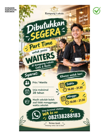 Lowongan Kerja Part Time Waiters Kampung Lukulo Cafe & Resto Kebumen