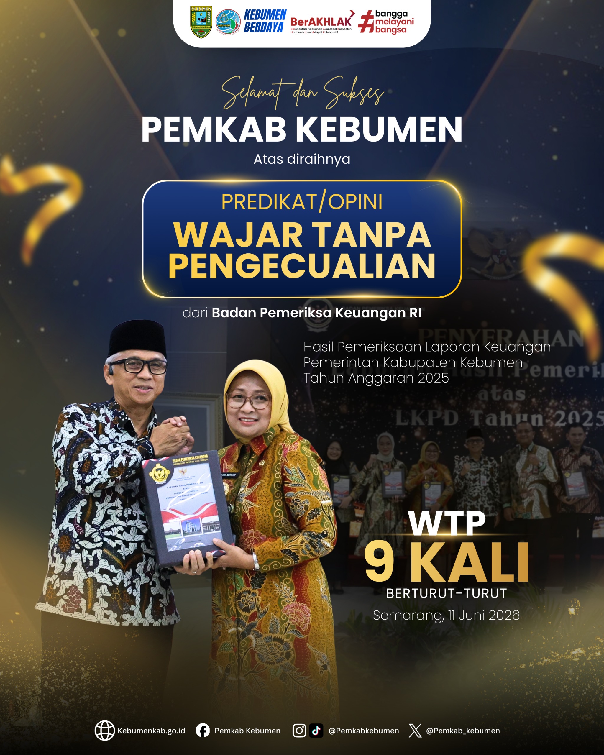 Pemkab Kebumen Raih Opini WTP ke-9 Kali Berturut-turut dari BPK RI