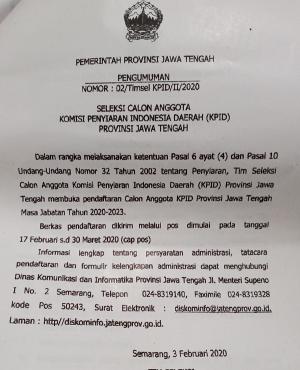 Pengumuman Seleksi Calon Anggota KPID Provinsi Jateng