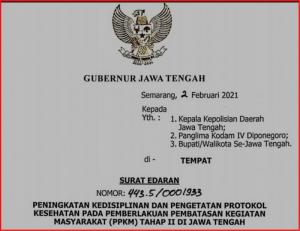 Tekan Penyebaran Covid-19, Gerakan Jateng Di Rumah Saja Mulai 6 dan 7 Februari 2021.