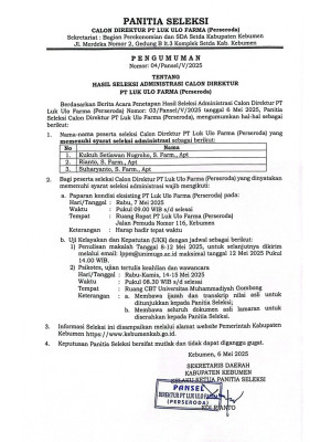 Pengumuman Seleksi Administrasi Rekrutmen Direksi Apotek LUkulo Kebumen