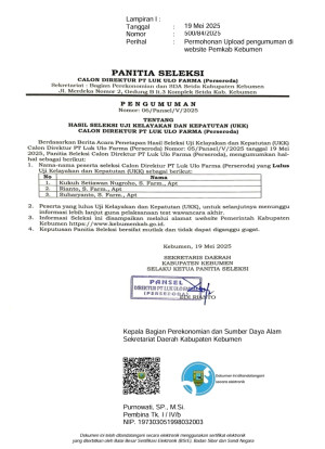 Tiga Kandidat Lolos Seleksi UKK Calon Direktur PT Luko Ulo Farma Kebumen