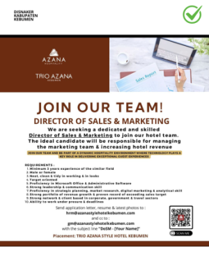 Lowongan Kerja: Director of Sales & Marketing – Trio Azana Style Hotel Kebumen