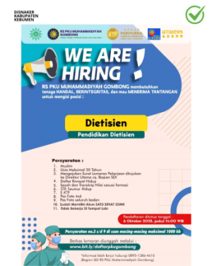 Lowongan Kerja RS PKU Muhammadiyah Gombong untuk Posisi Dietisien