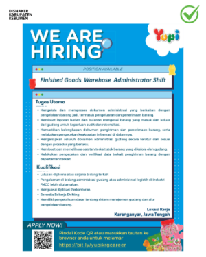 Lowongan Kerja di PT Yupi Indo Jelly Gum: Posisi Finished Goods Warehouse Administrator Shift dan Packing Technician Staff