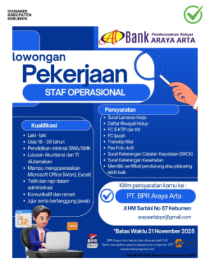 Lowongan Kerja PT BPR Araya Arta – Posisi Staf Operasional