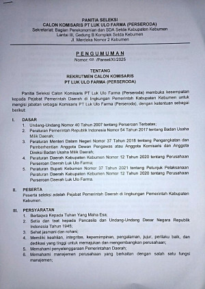 Rekrutmen Calon Komisaris PT Luk Ulo Farma (Perseroda)