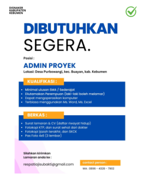 Lowongan Kerja Admin Proyek di Desa Purbowangi, Buayan