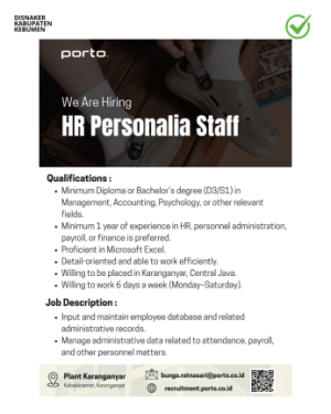 Lowongan Kerja Porto Plant Karanganyar (HR Personalia Staff)