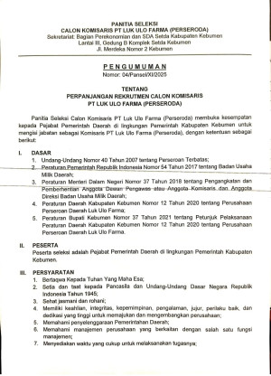 Rekrutmen Calon Komisaris PT Luk Ulo Farma (Perseroda)