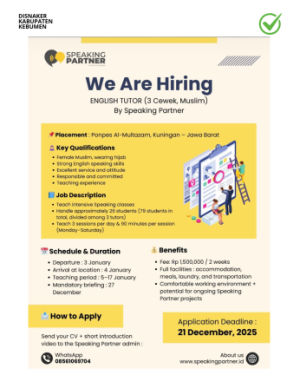 Lowongan Kerja Speaker Partner English Tutor (Ponpes Al-Multazam, Kuningan)